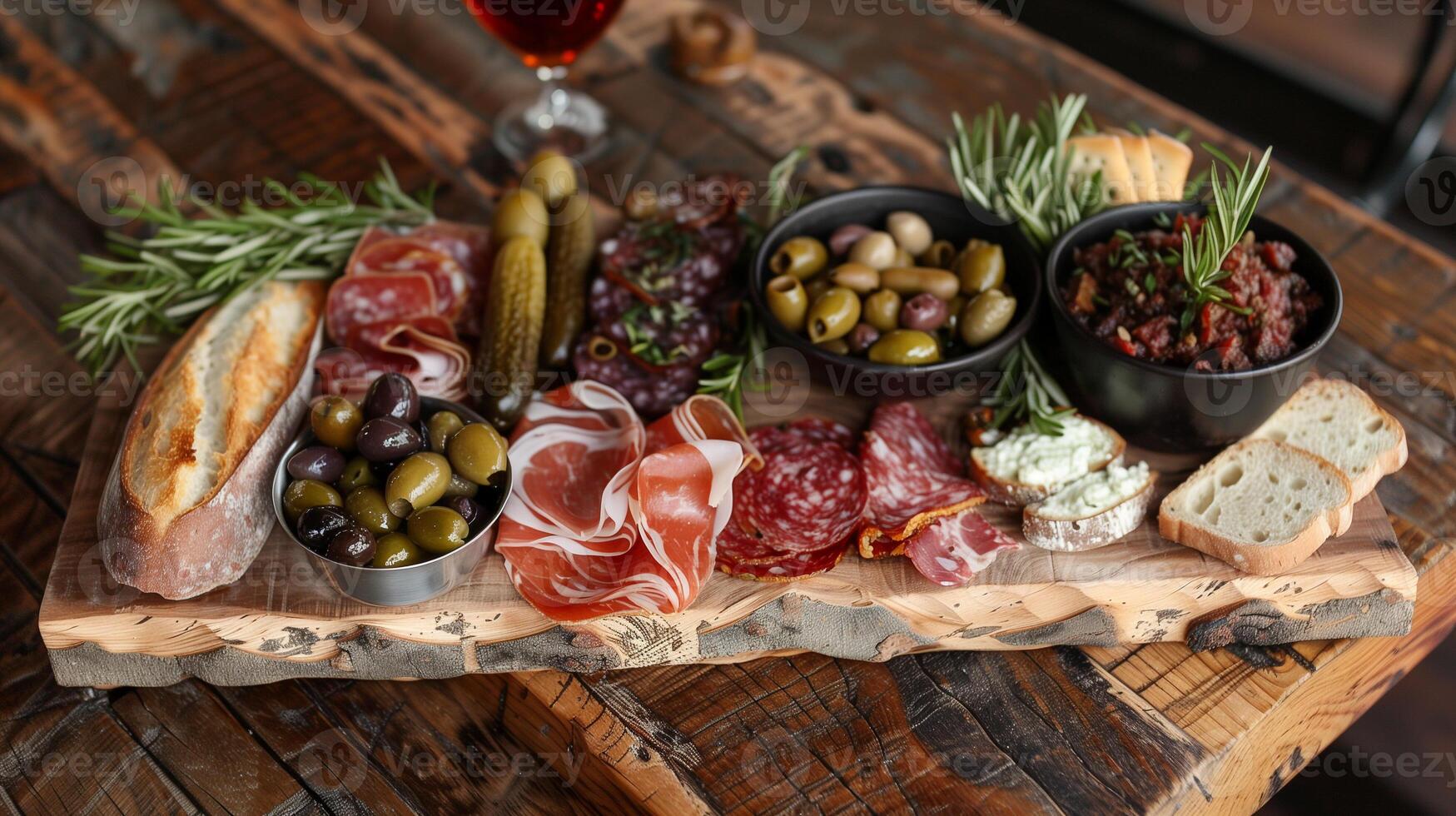 Rustic charcuterie board with cured meats olives pickles and artisan bread on a wooden slab, photography photo