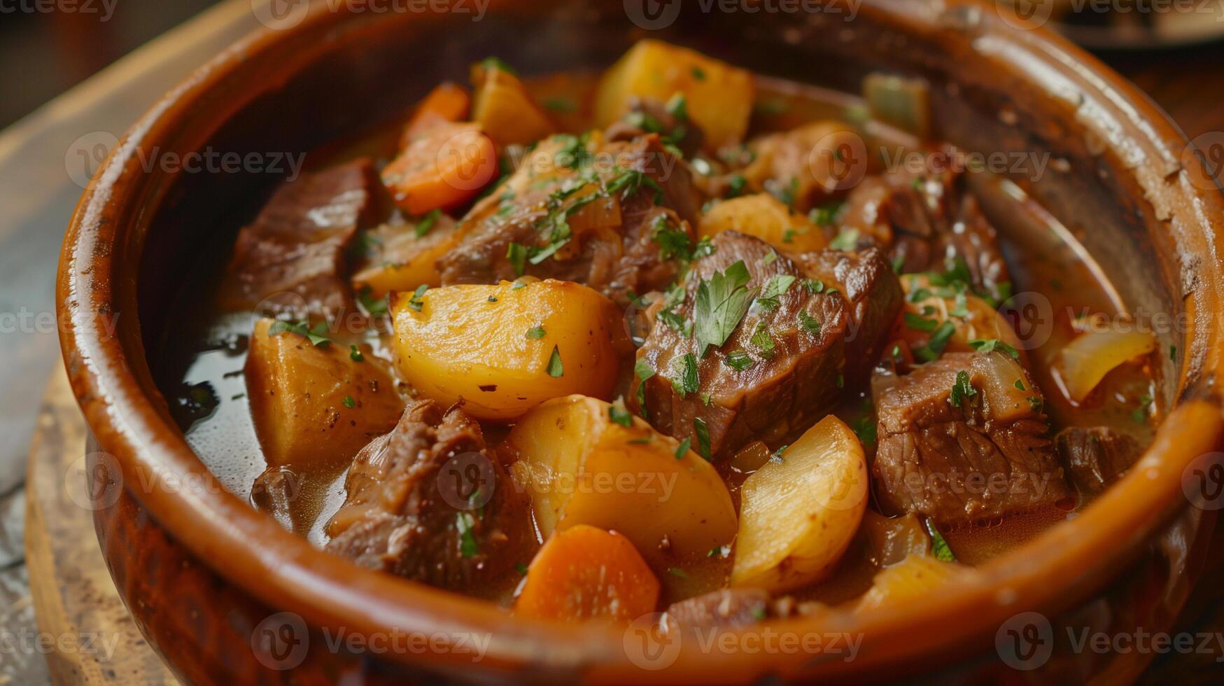 Rustic clay pot with hearty beef stew featuring tender beef potatoes and carrots in rich broth, photography photo