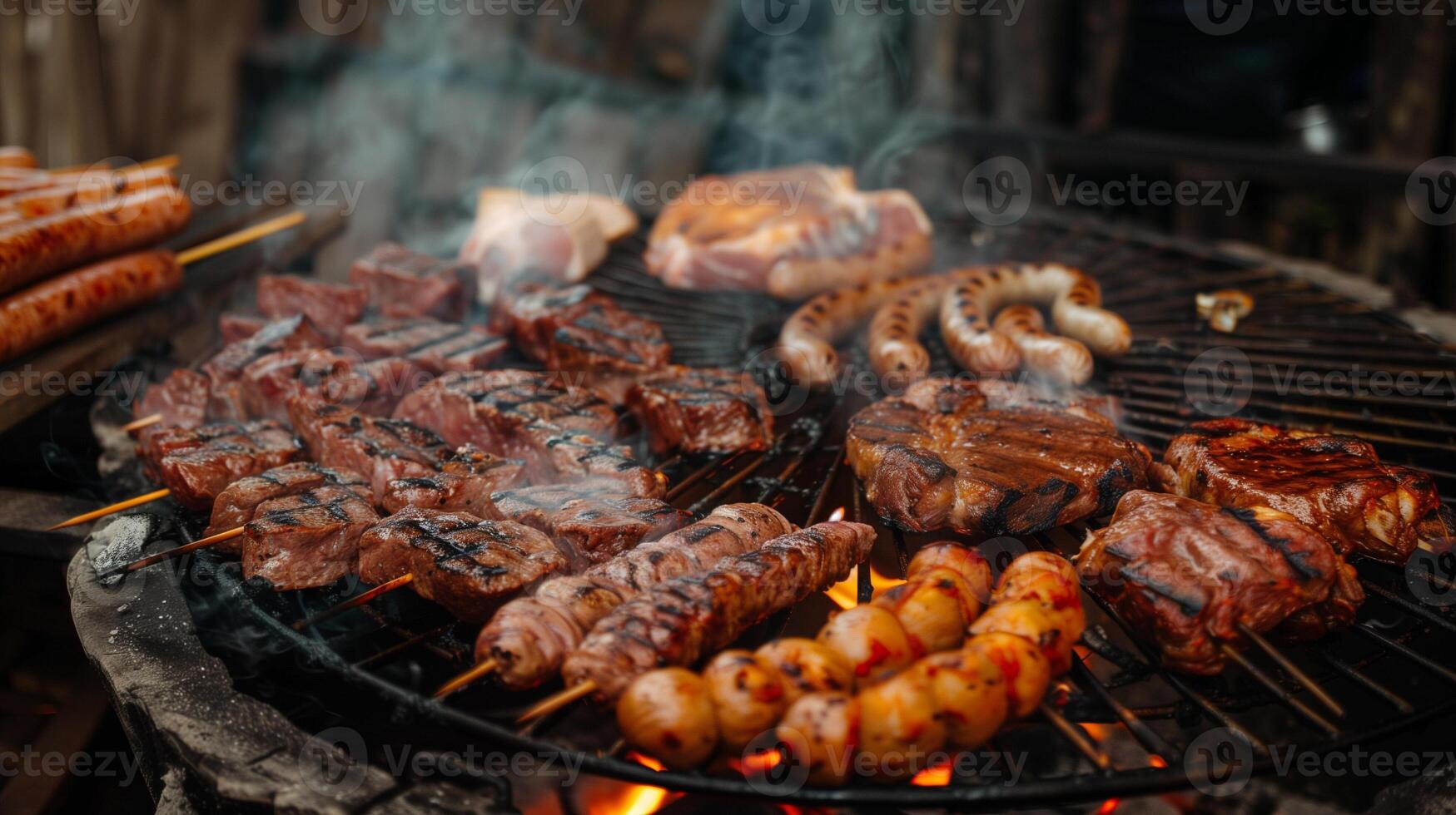 A rustic grill filled with a variety of meats including steak chicken and sausages with smoke rising in the air, photo