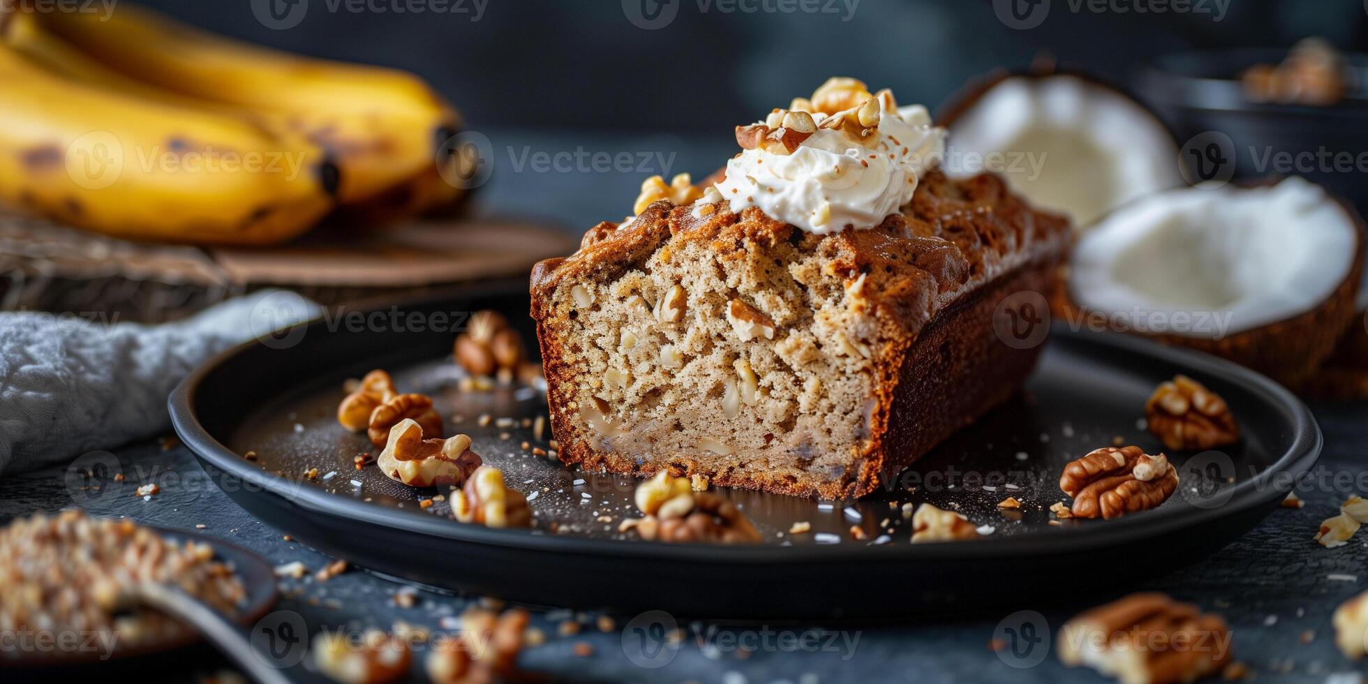 Rustic loaf of gluten-free banana bread with whipped coconut cream and chopped walnuts, picture photo