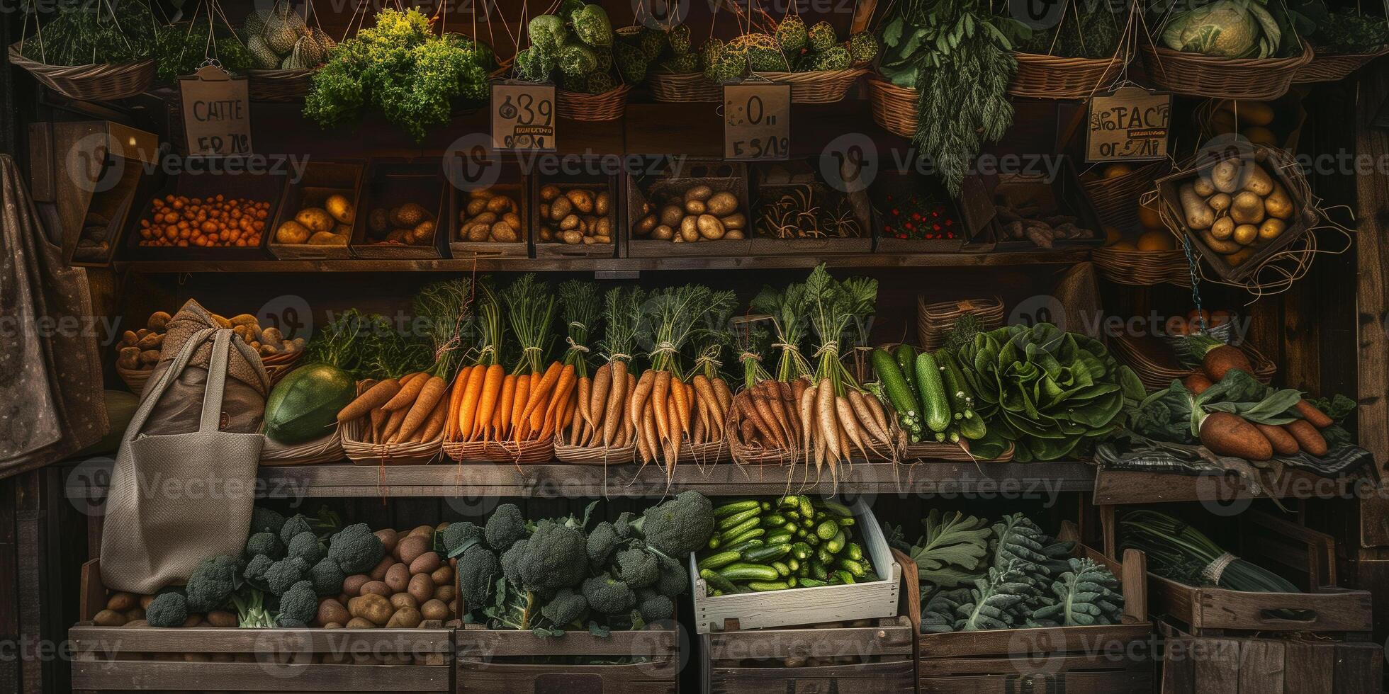 Rustic market stall brimming with organic vegetables like carrots, potatoes, and leafy greens, picture photo