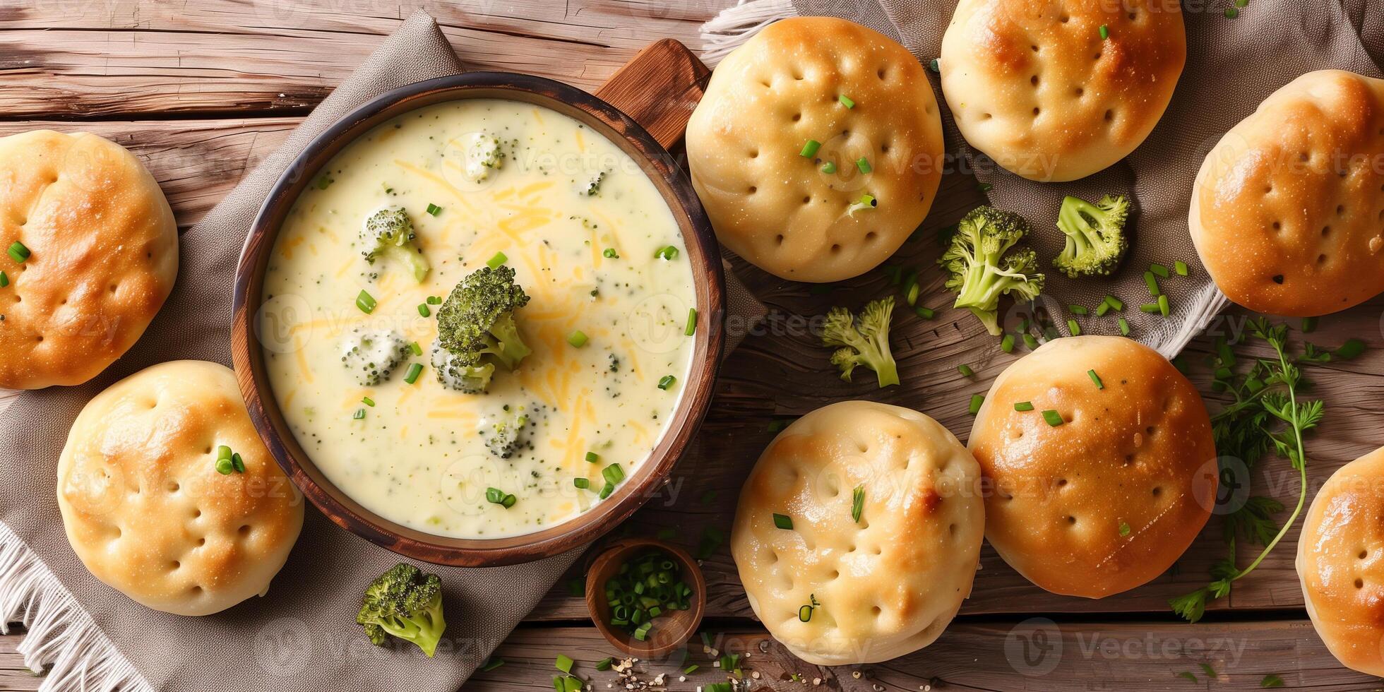 cremoso brócoli y queso Cheddar sopa con ceto un pan rollos, foto