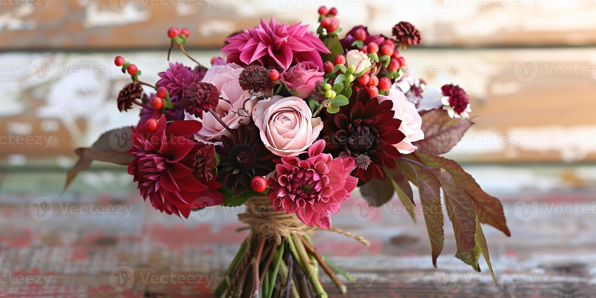 Rustic-inspired cluster of burgundy dahlias, dusty pink roses, and wild berries, wrapped in twine, picture photo