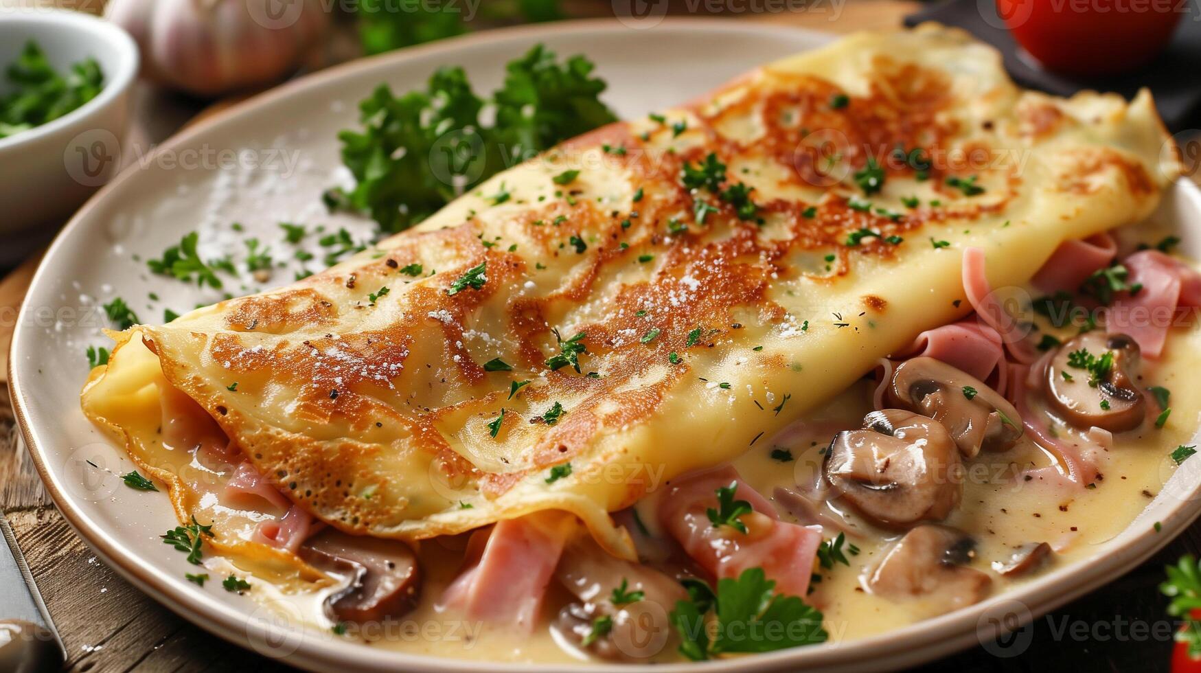 Savory crepe filled with ham cheese and mushrooms topped with bechamel sauce and parsley, photo