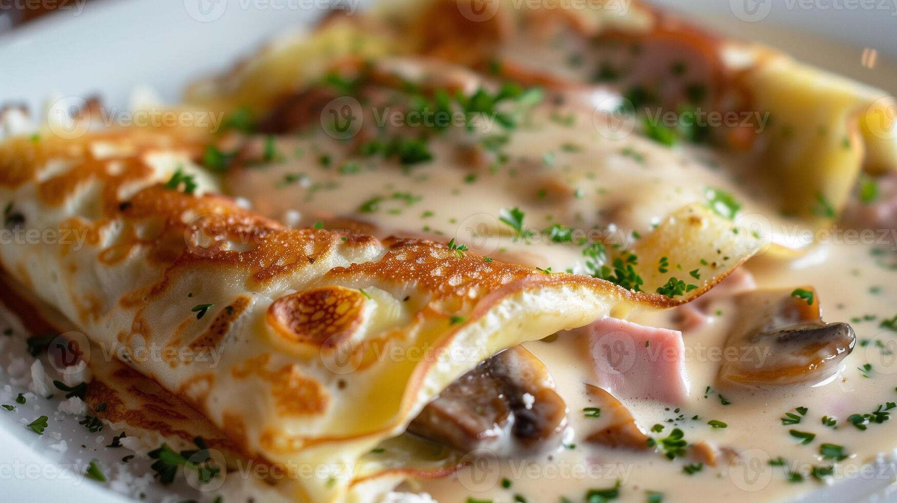 Savory crepe filled with ham cheese and mushrooms topped with bechamel sauce and parsley, photography photo