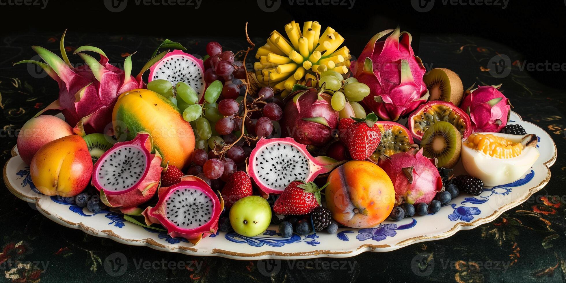 Selection of colorful exotic fruits like dragon fruit, kiwi, and passion fruit on a decorative platter, photo