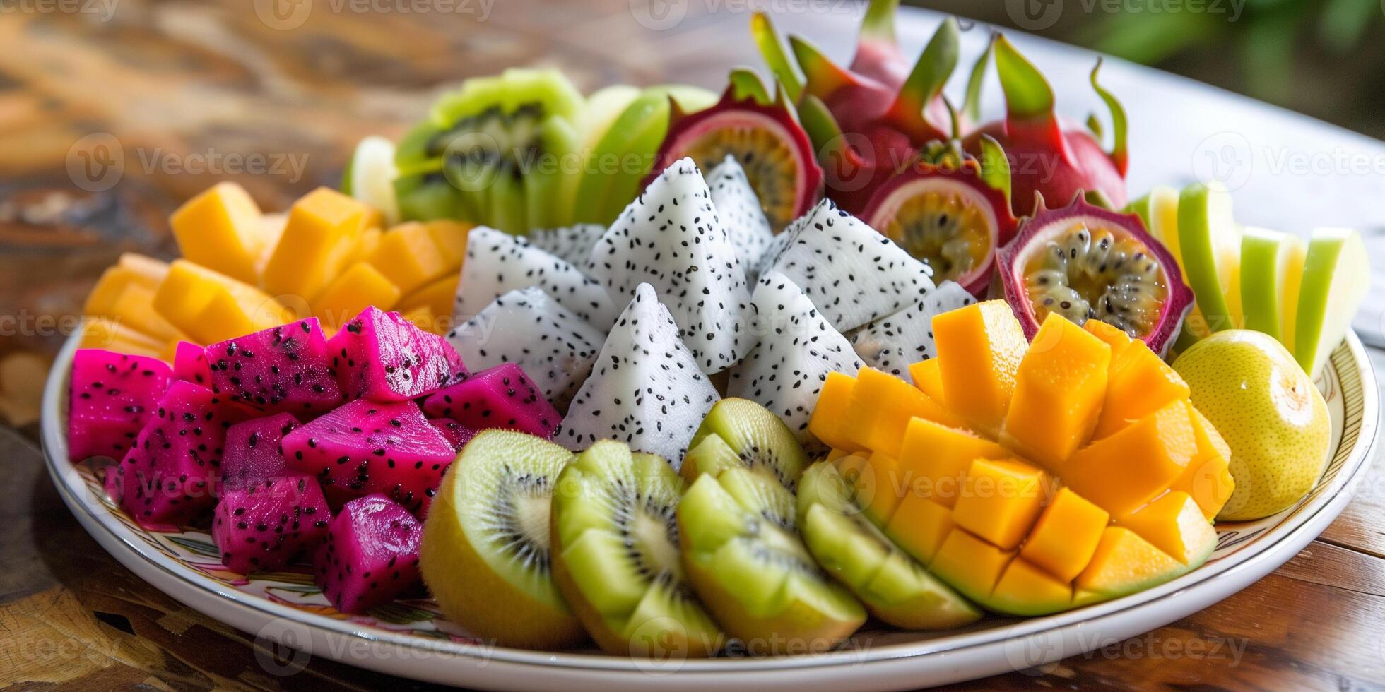 Selection of colorful exotic fruits like dragon fruit, kiwi, and passion fruit on a decorative platter, picture photo