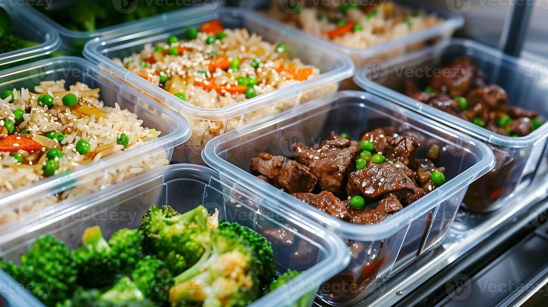 Divided containers with beef stir-fry brown rice and steamed broccoli stacked in refrigerator, photorealistic photo