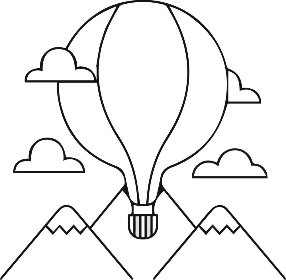 Hot air balloon over mountains and clouds coloring page vector
