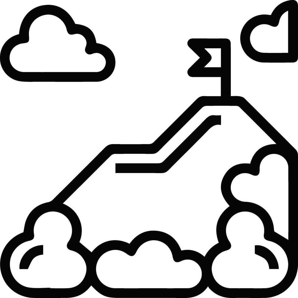 A black and white line drawing of a mountain with clouds and a flag vector