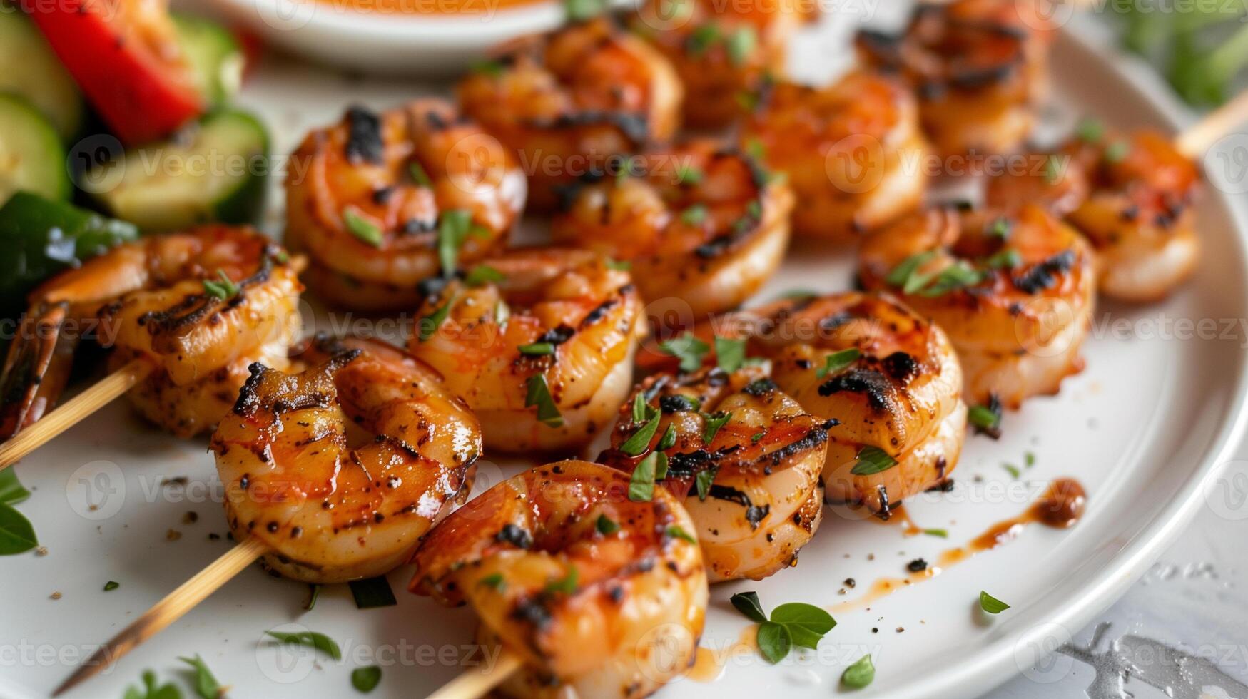 Grilled shrimp skewers brushed with spicy marinade served with grilled vegetables, picture photo