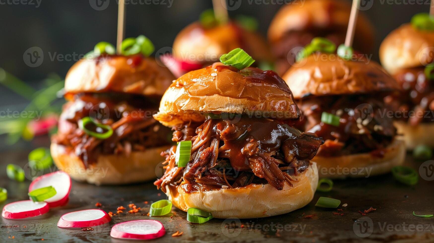 Serving of Korean BBQ sliders with pulled pork gochujang sauce pickled radishes and scallions on brioche buns, photo