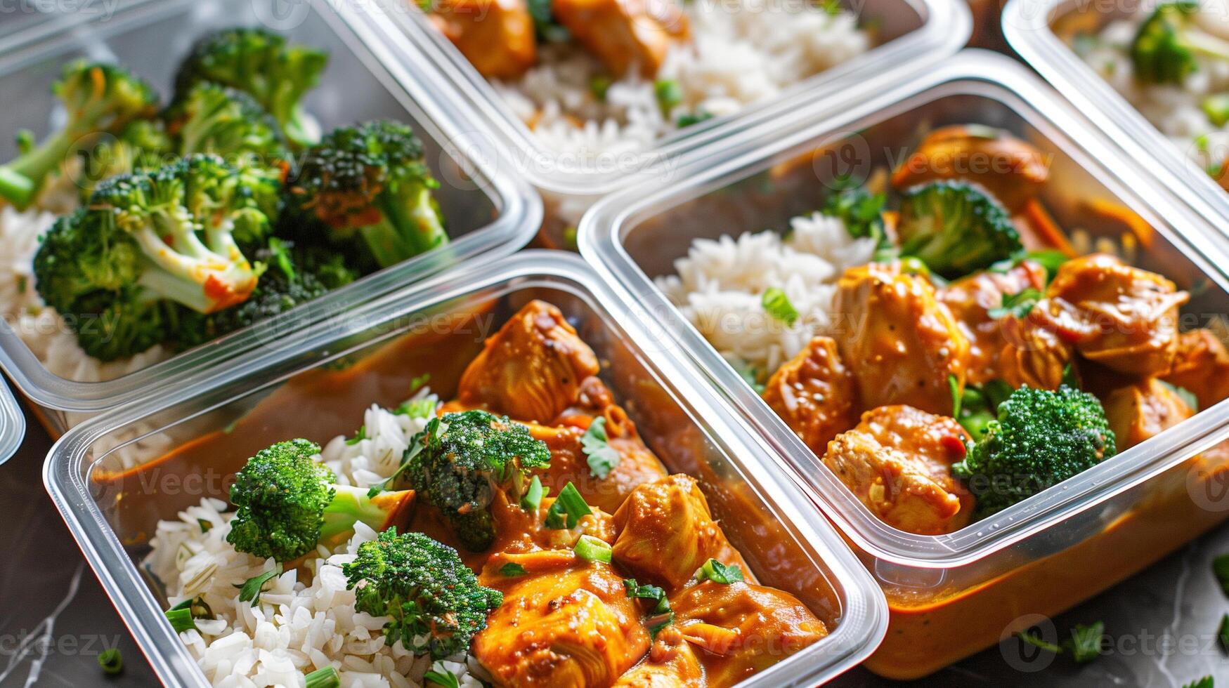 Containers filled with curry chicken jasmine rice steamed broccoli prepped for week, photo