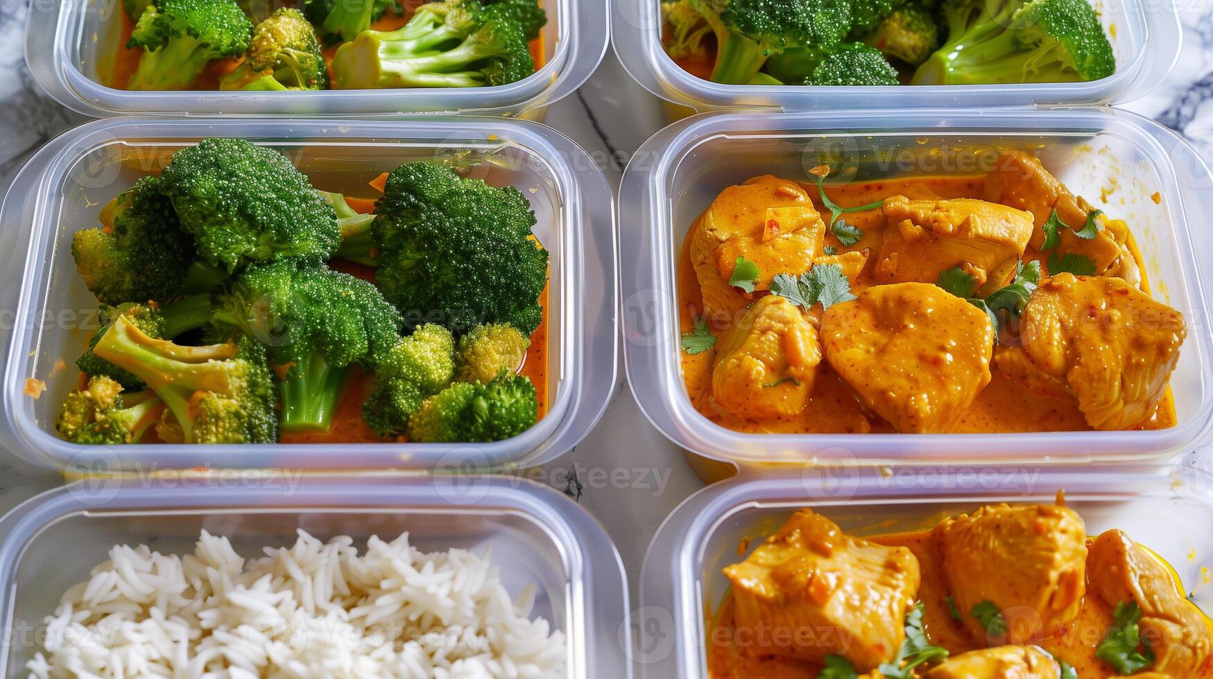 Containers filled with curry chicken jasmine rice steamed broccoli prepped for week, photorealistic photo
