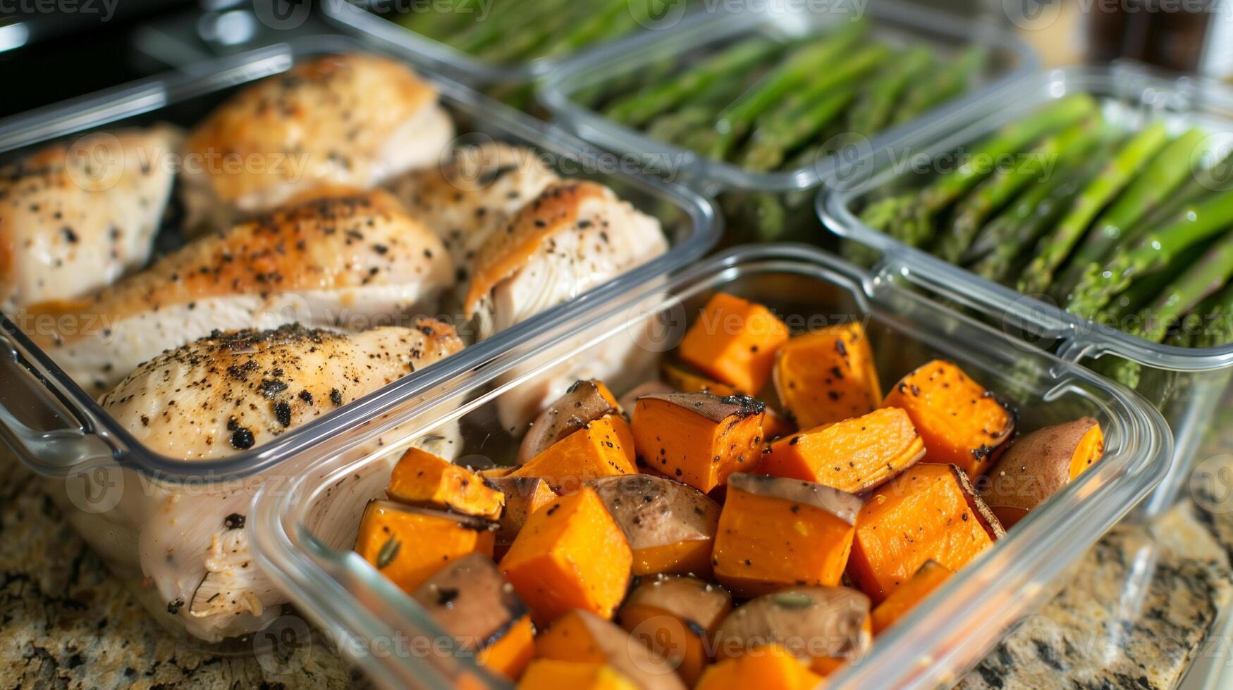 Containers with baked chicken roasted sweet potatoes and steamed asparagus organized, photo