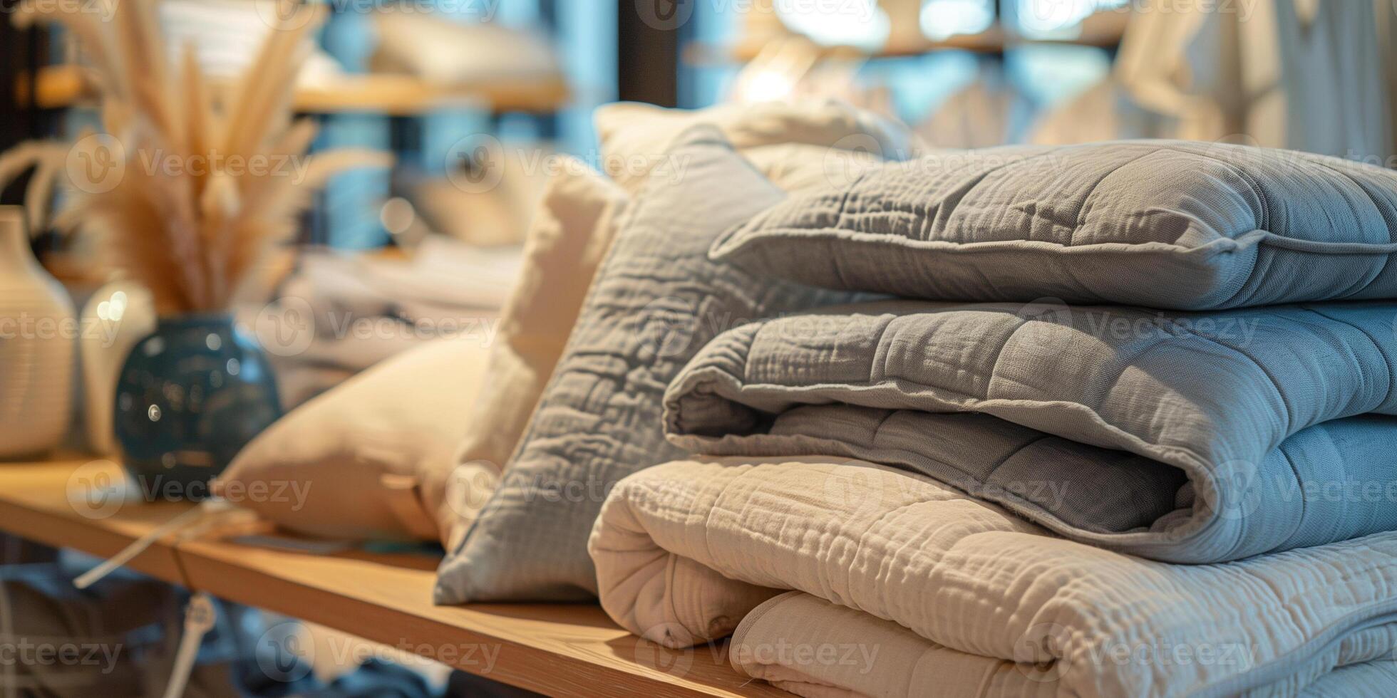 Premium bed linens and cozy blanket folded on display table, photorealistic photo