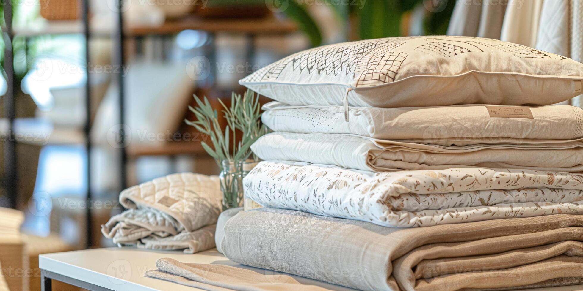 Premium bed linens and cozy blanket folded on display table, photo