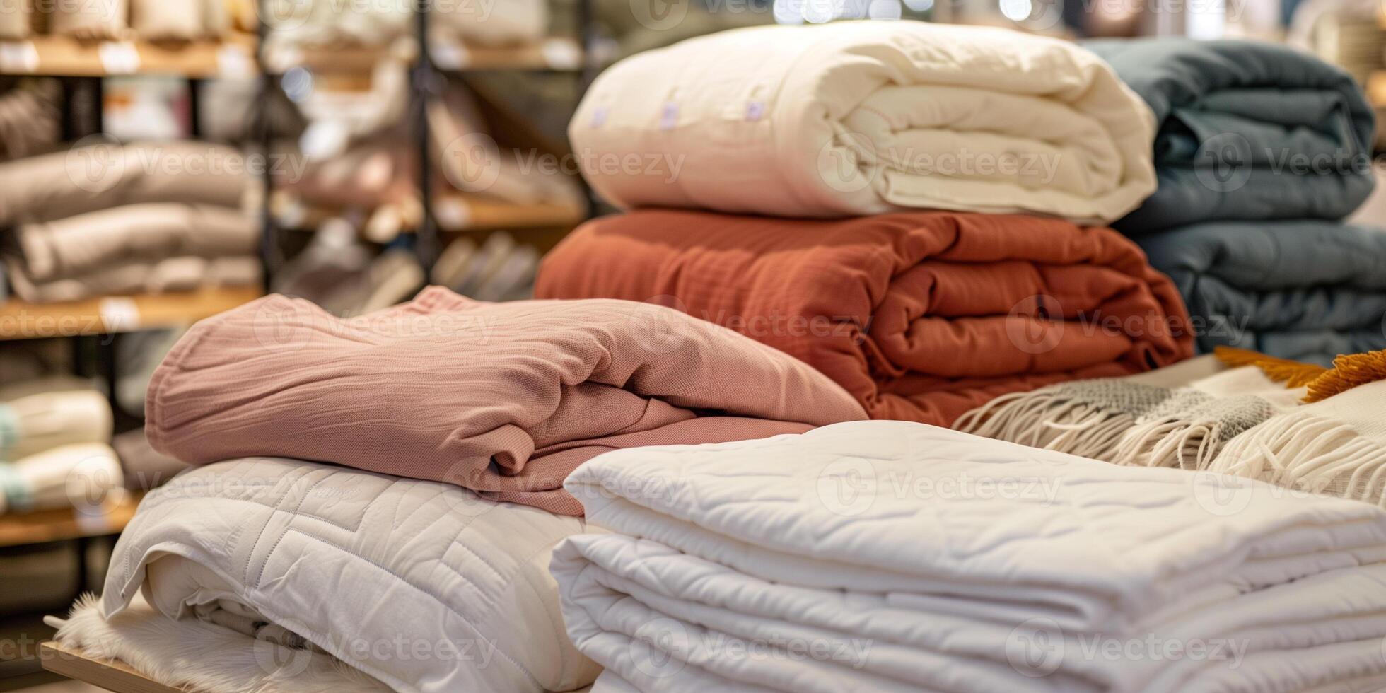 Premium bed linens and cozy blanket folded on display table, picture photo