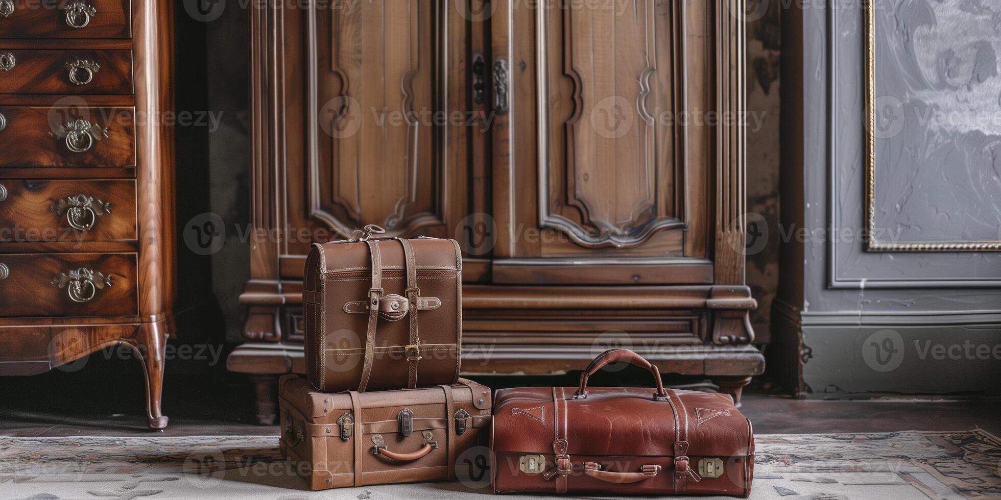 Vintage-style luggage with leather straps stacked beside wooden armoire, photography photo