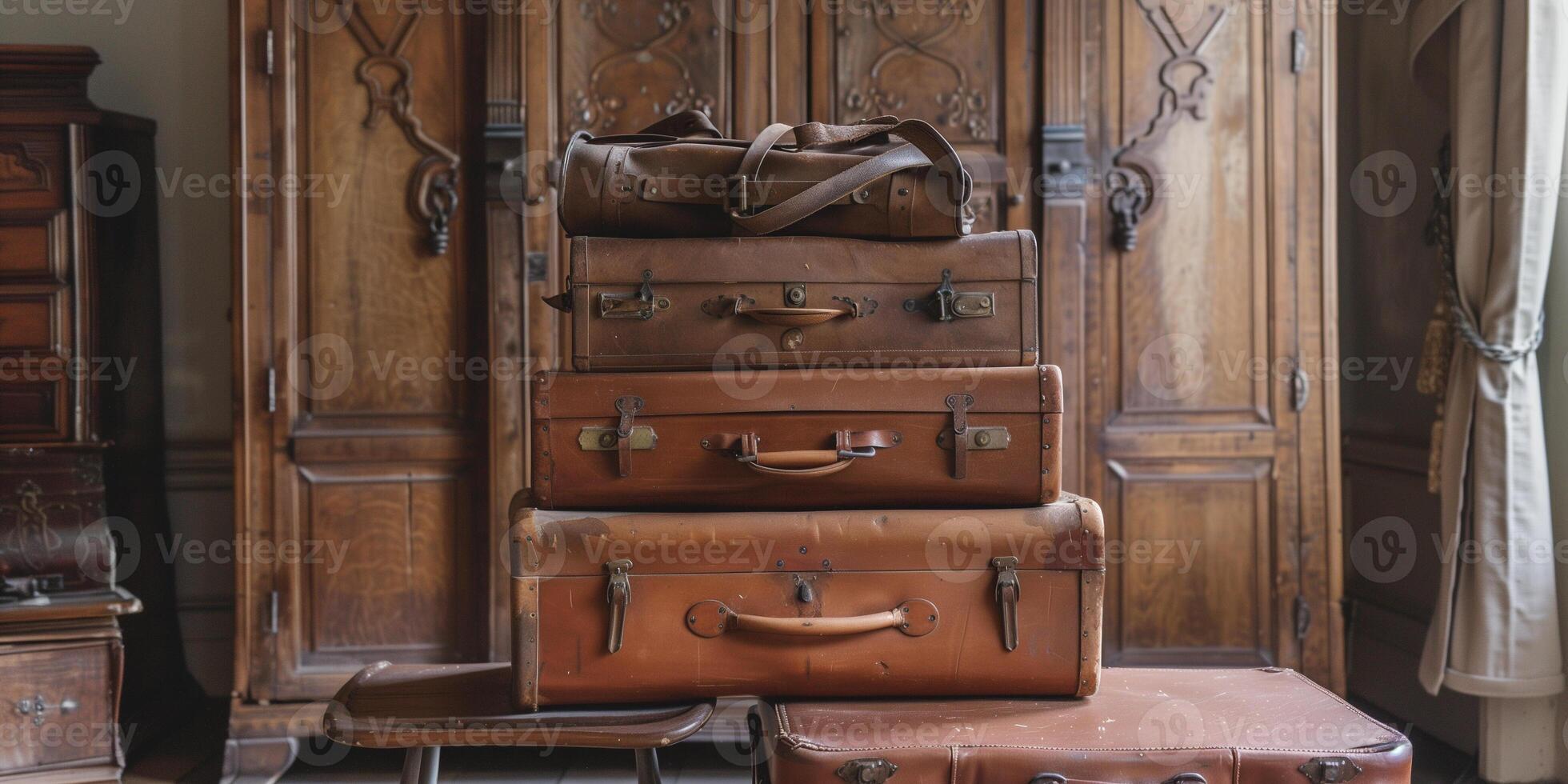 Vintage-style luggage with leather straps stacked beside wooden armoire, photo