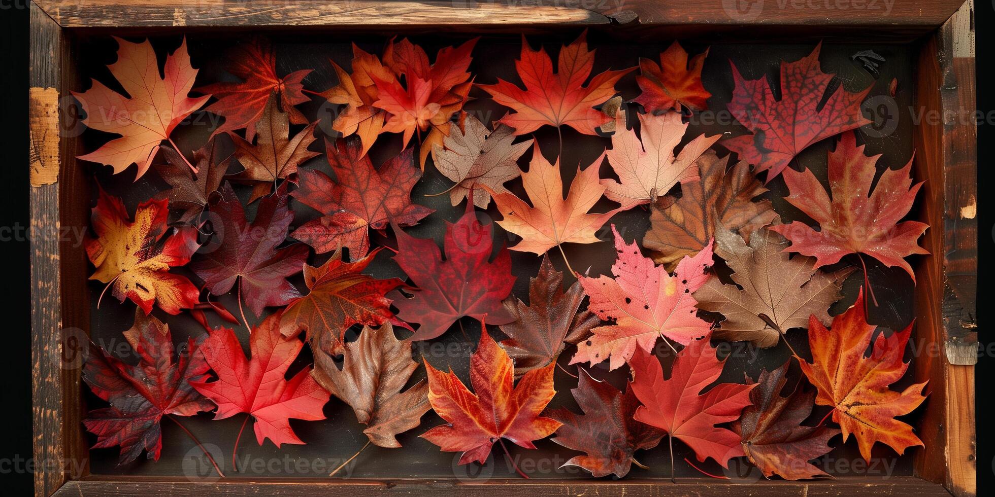 Shadow box featuring pressed maple leaves in shades of red and orange, photo