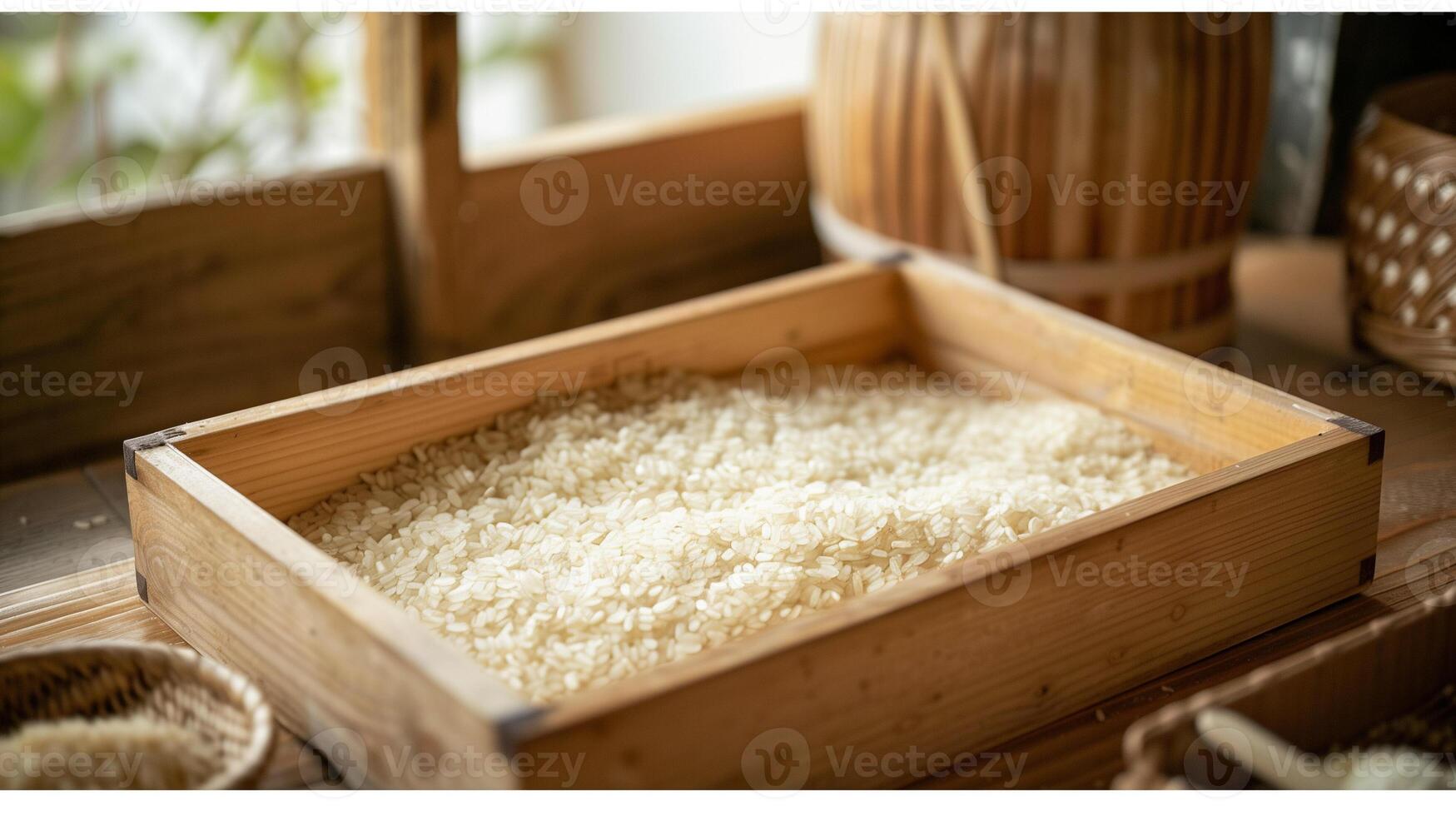 A shallow wooden tray filled with rice inoculated with koji mold used for making sake and miso, photo