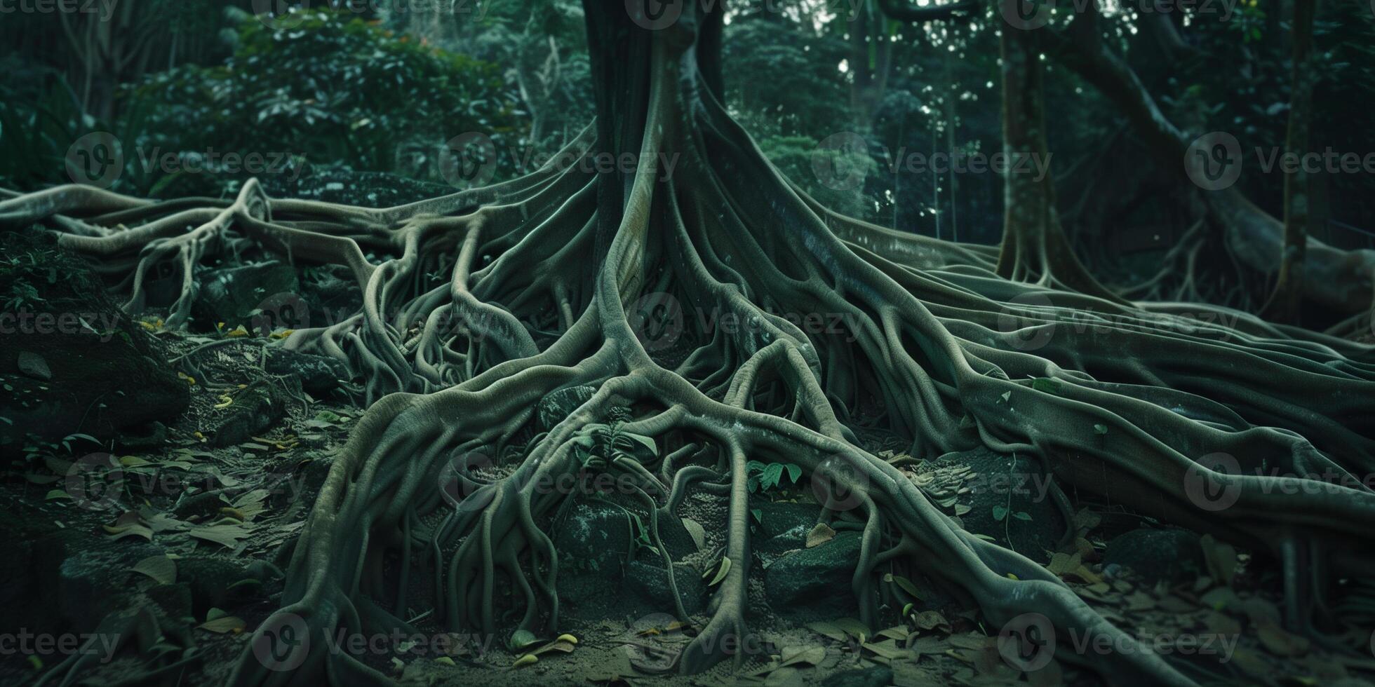 Aerial roots of a tropical tree, intertwining and spreading across the ground, photography photo