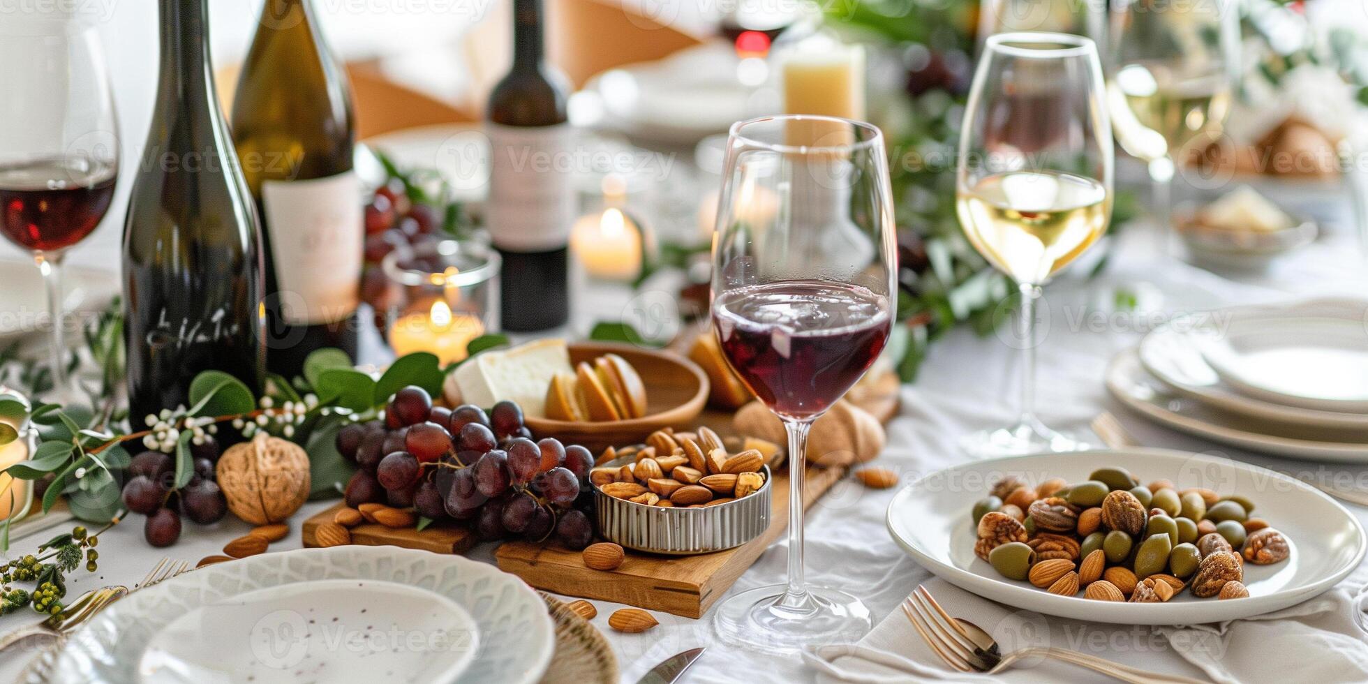 Elegant dining table set with vegan charcuterie board featuring nuts, dried fruits, and plant-based cheeses, photo