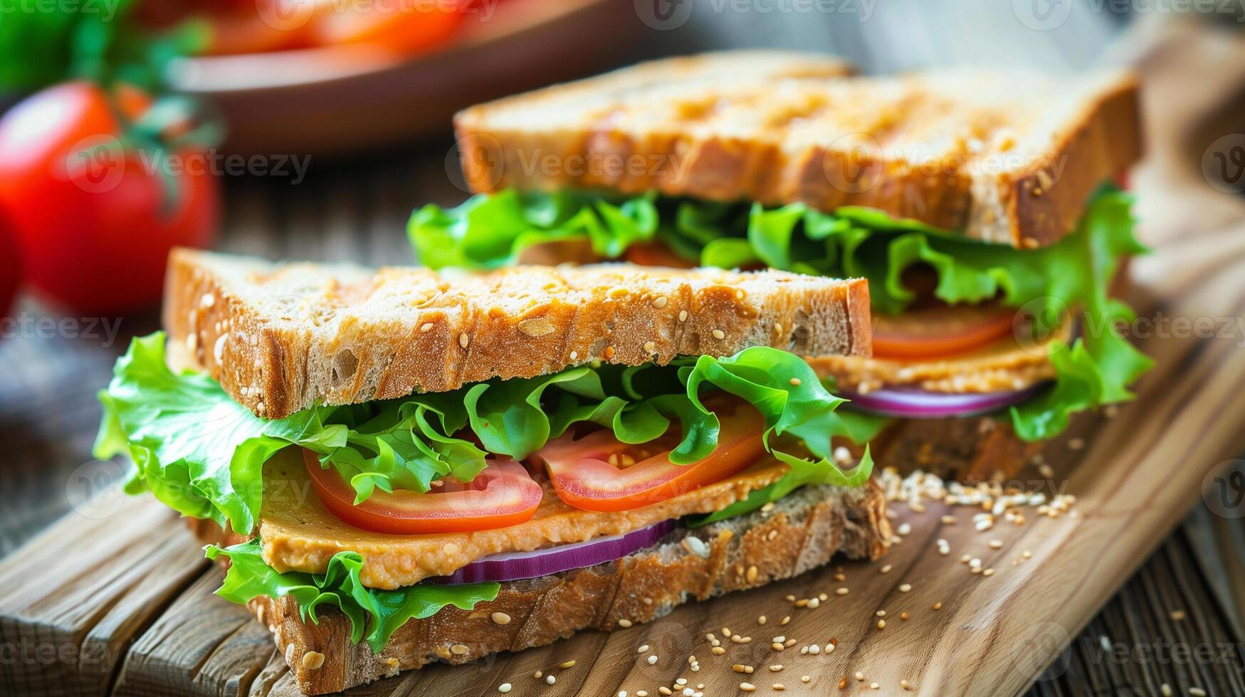 Simple sandwich with whole grain bread lettuce tomato hummus on wooden board, photo