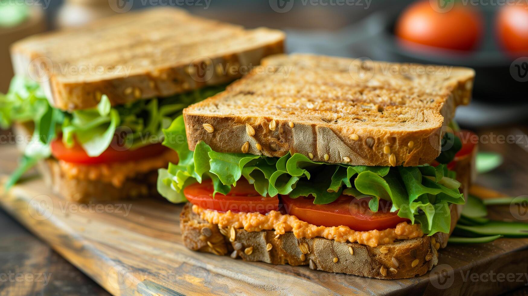 Simple sandwich with whole grain bread lettuce tomato hummus on wooden board, photorealistic photo