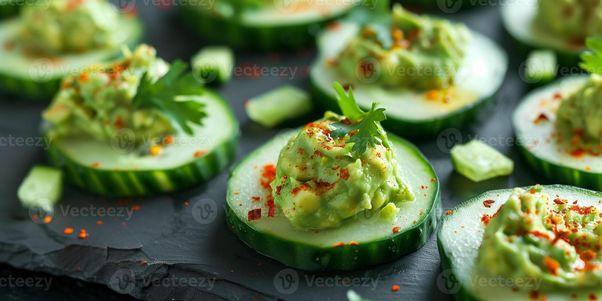 Elegant paleo snack of sliced cucumber rounds topped with guacamole and paprika, picture photo