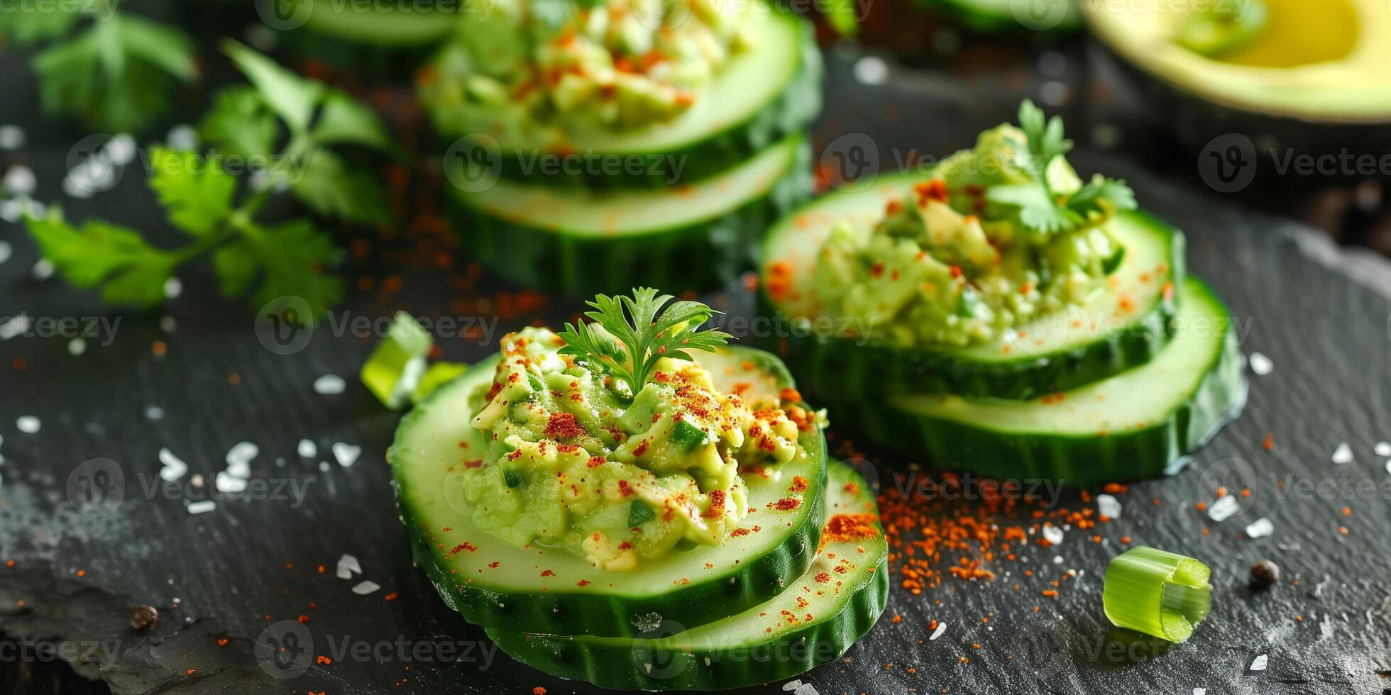 Elegant paleo snack of sliced cucumber rounds topped with guacamole and paprika, photo