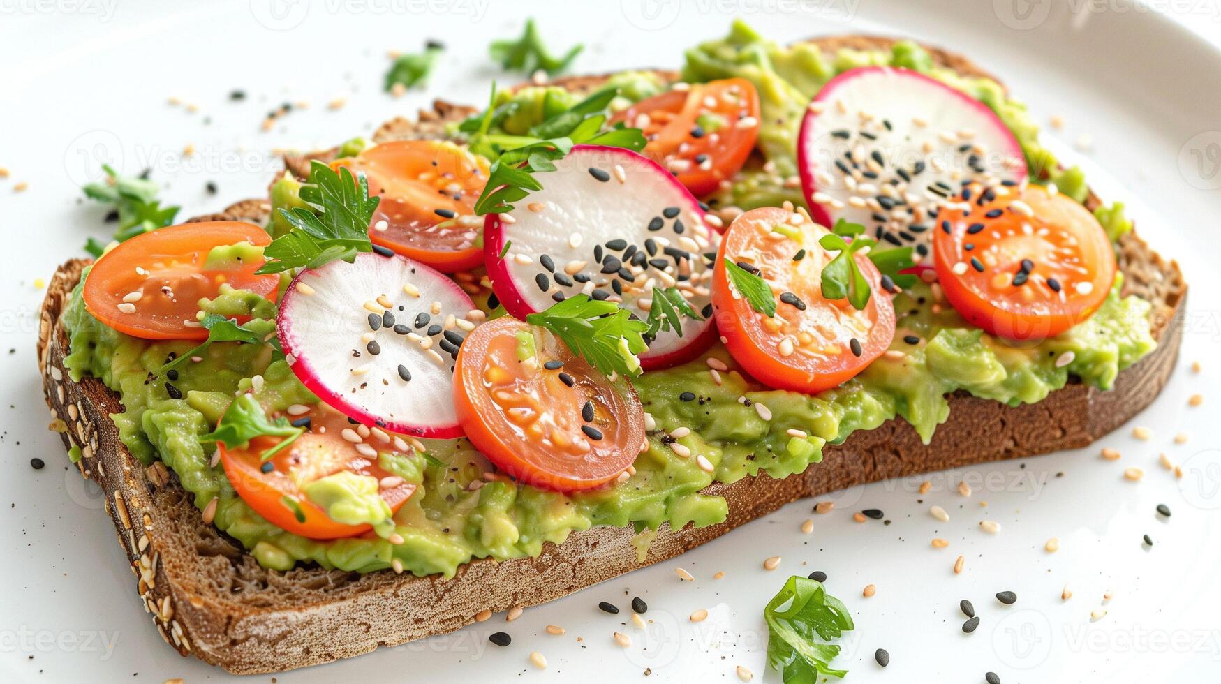 Artisanal sourdough bread topped with creamy avocado cherry tomatoes radish slices and black sesame seeds, photorealistic photo