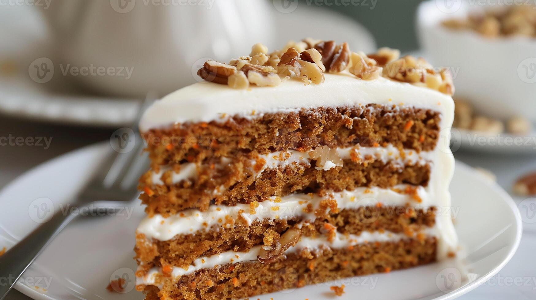 Slice of moist carrot cake with cream cheese frosting and chopped walnuts, photography photo