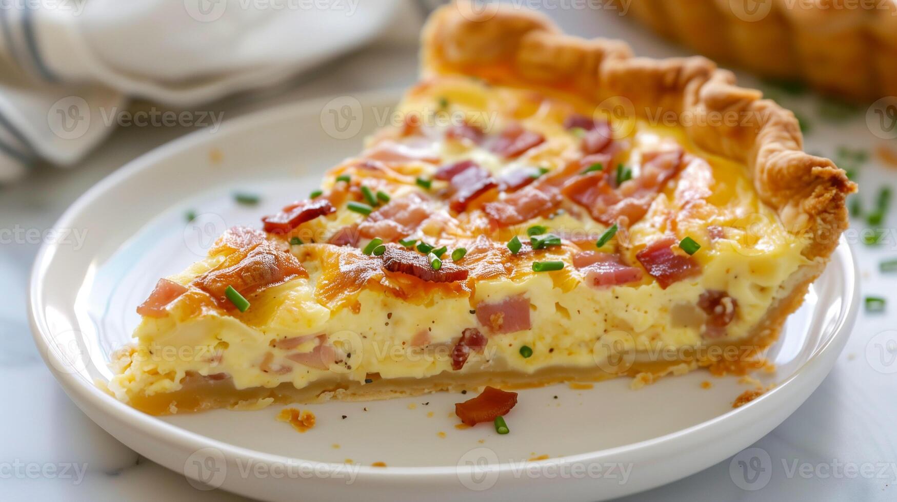 Quiche Lorraine with a golden flaky crust filled with bacon cheese and caramelized onions served on a white plate, photorealistic photo