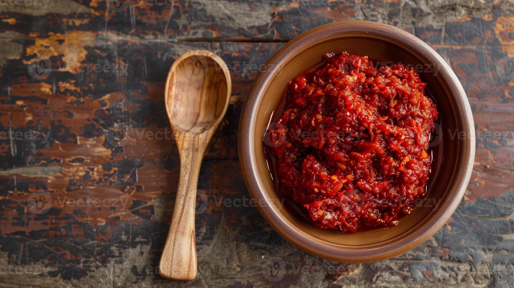 A small bowl containing deep red fermented chili paste with a wooden spoon next to it on a rustic table, photo