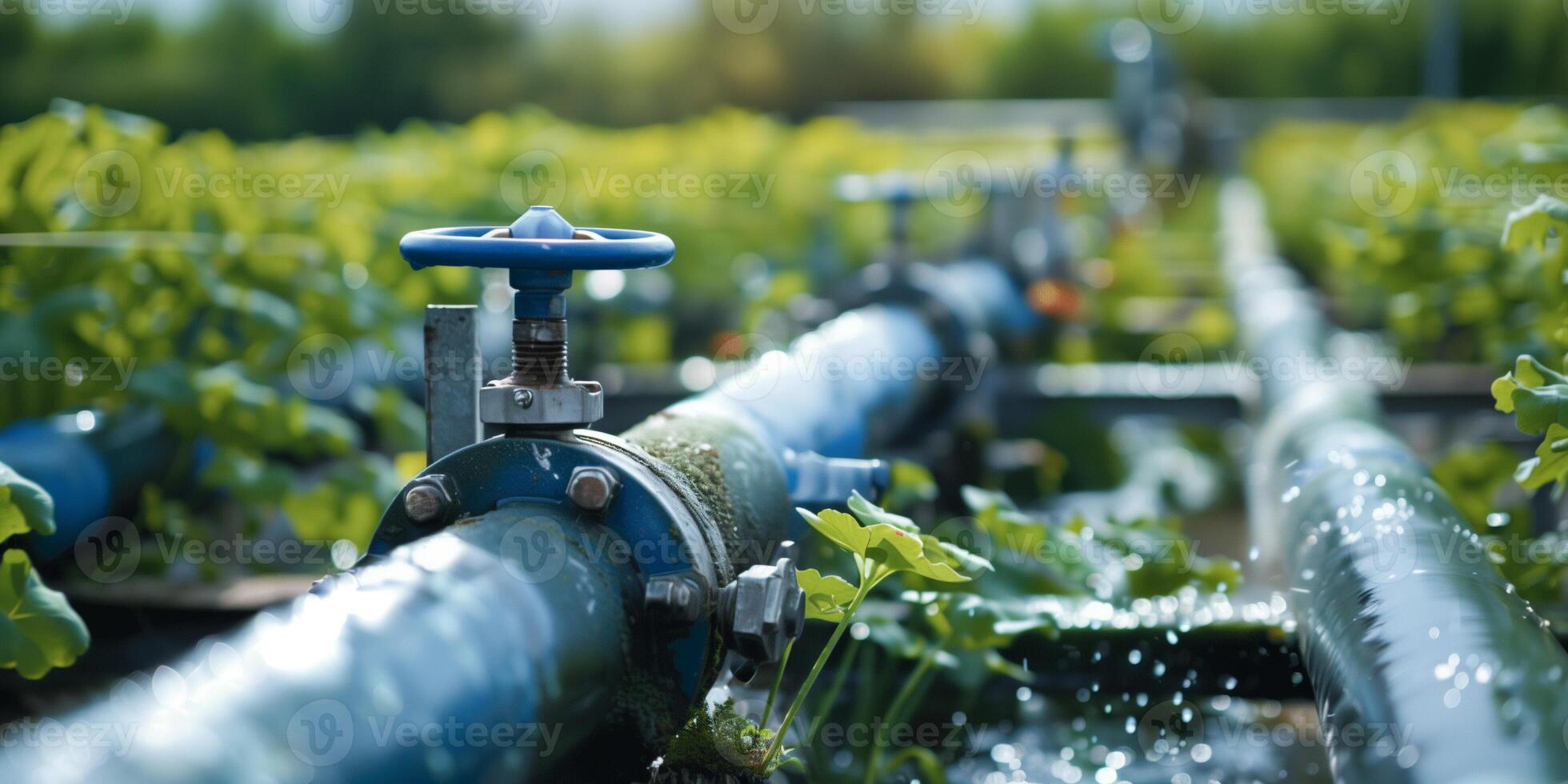 Sophisticated water flow meter connected to a main pipeline, measuring precise volumes of irrigation water, photo
