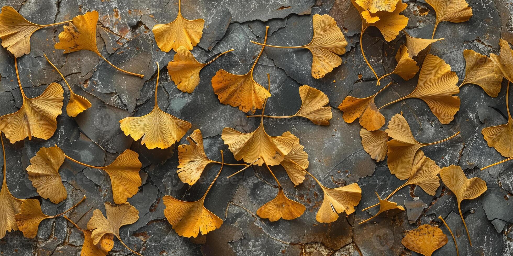 Spread of dried ginkgo biloba leaves on a textured background, photorealistic photo