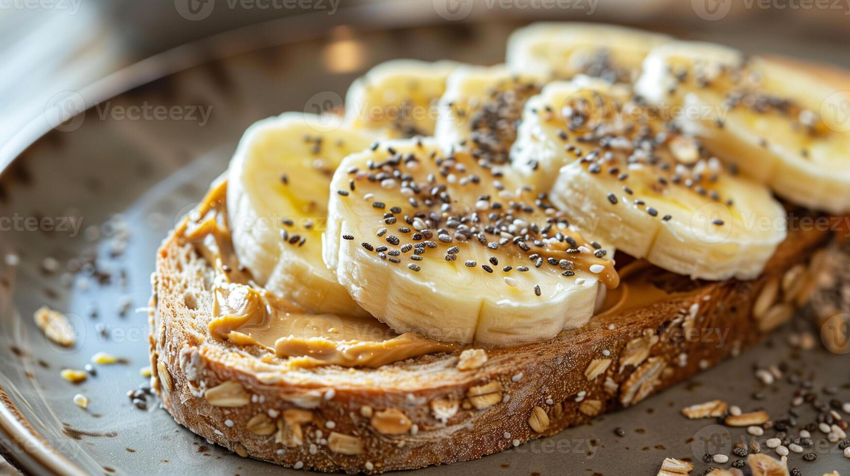 Sugar-free peanut butter on whole grain toast topped with banana slices and chia seeds, photography photo