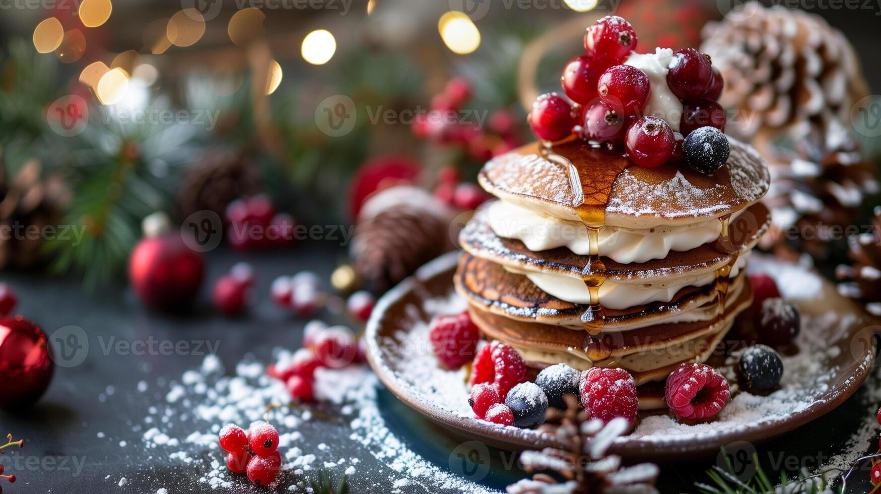 Stack of Christmas pancakes with berries whipped cream maple syrup powdered sugar, picture photo