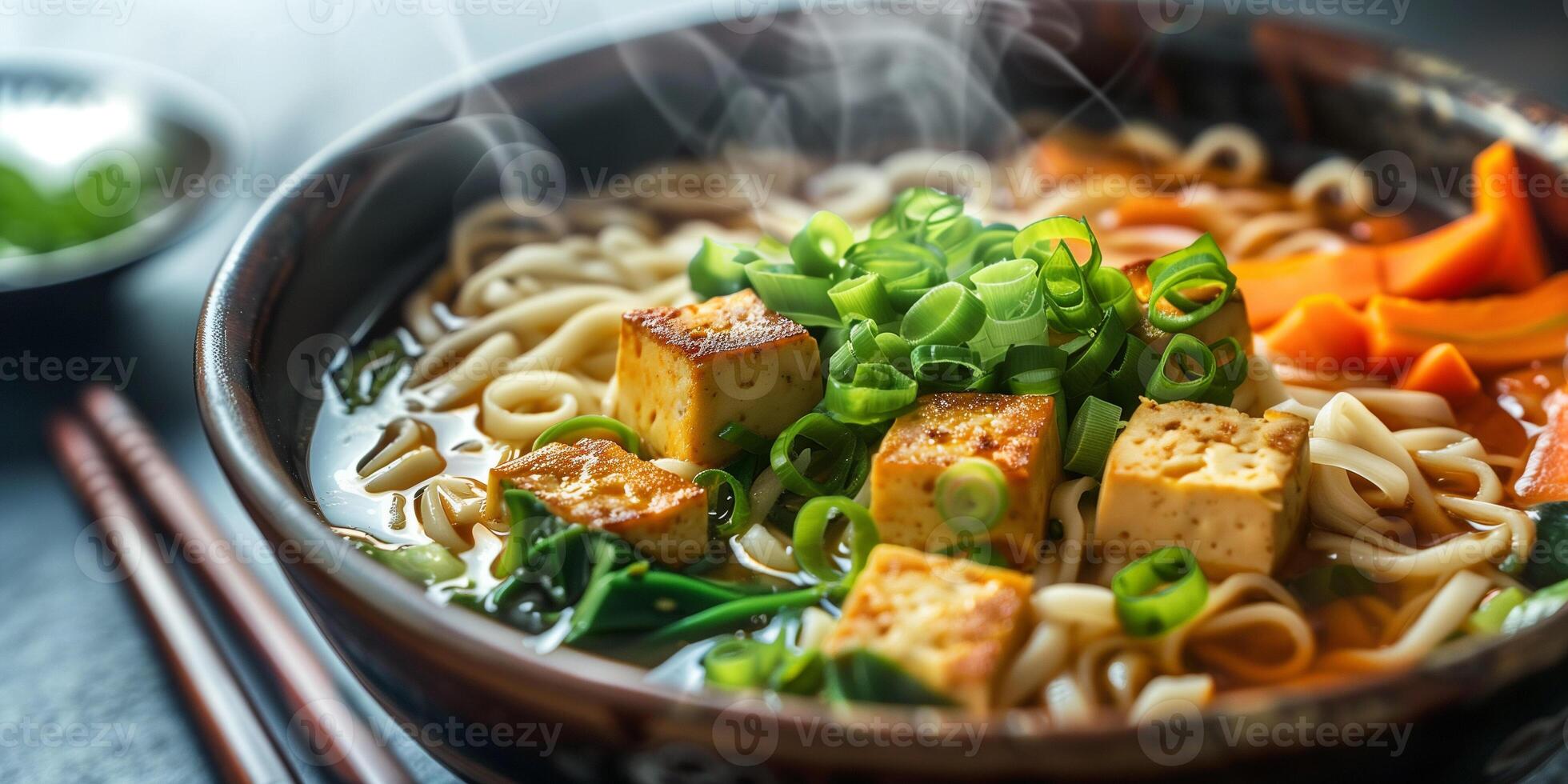 Steaming bowl of gluten-free ramen with rice noodles and tofu, photo