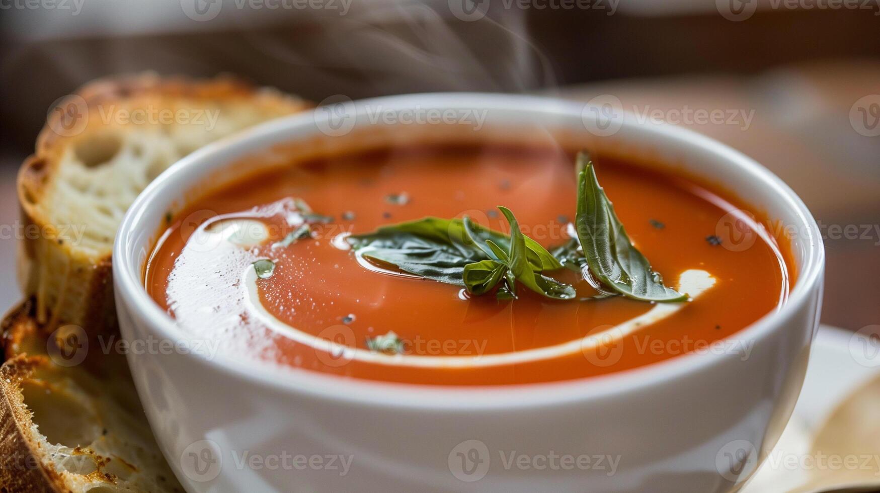Steaming bowl of tomato basil soup garnished with cream drizzle and fresh basil served with crusty bread, photography photo