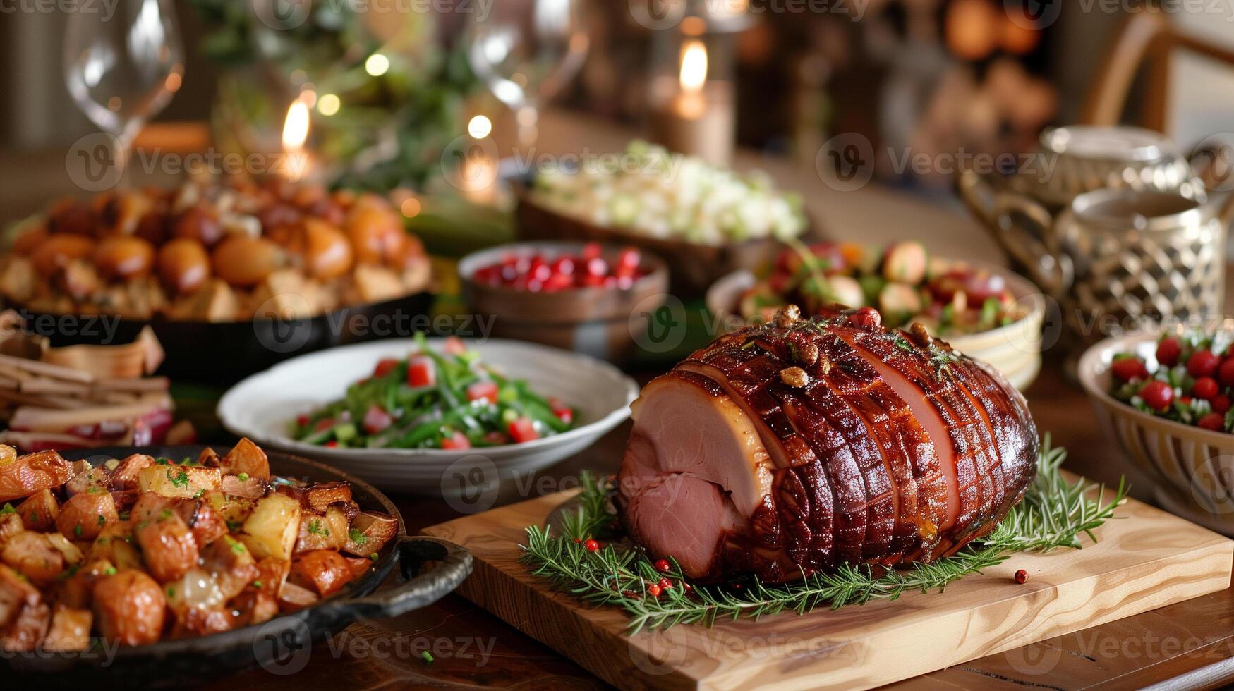 Table set for holiday feast with glazed ham roasted vegetables festive side dishes, photo
