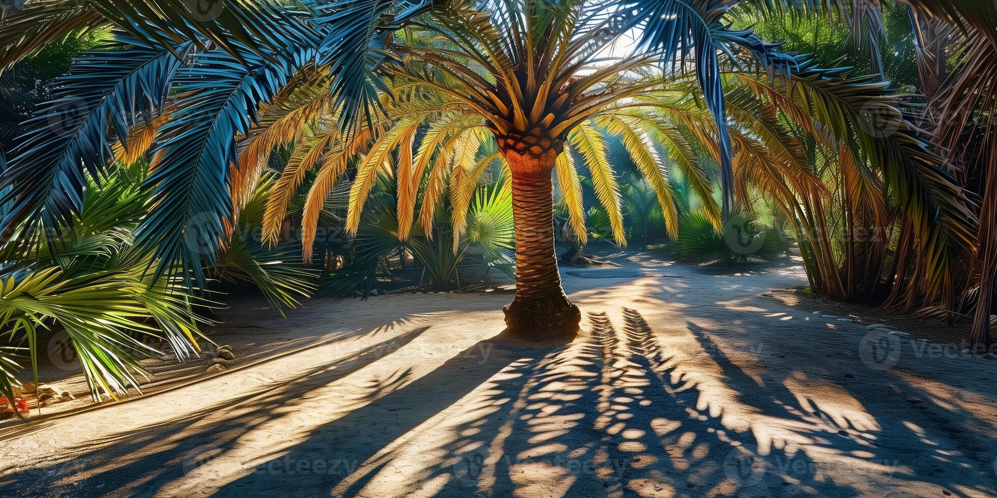 Towering palm tree with slender, feather-like leaves casting dappled shadows on the sunlit ground, picture photo