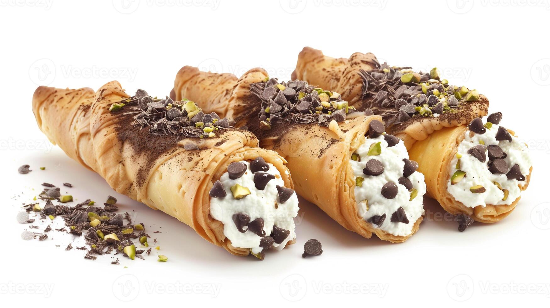 Traditional Italian cannoli filled with sweet ricotta cheese and chocolate chips ends dipped in chopped pistachios, photo