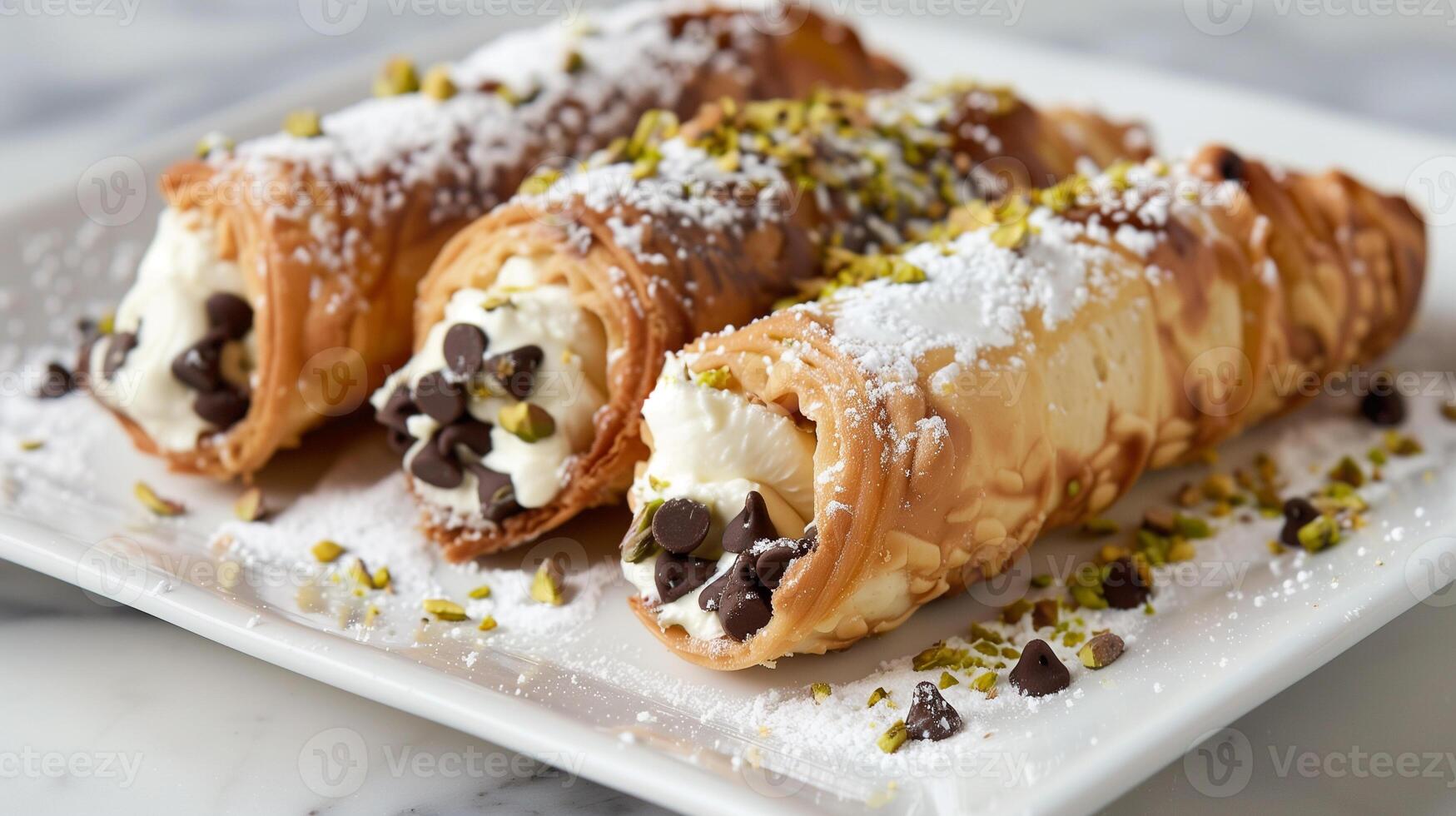 Traditional Italian cannoli filled with sweet ricotta cheese and chocolate chips ends dipped in chopped pistachios, picture photo
