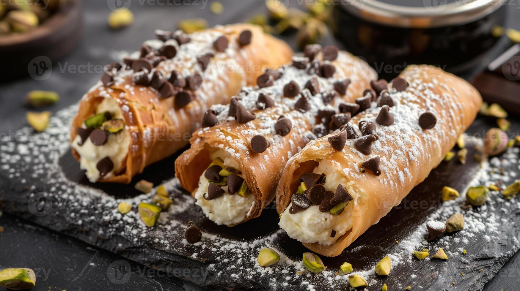 Traditional Italian cannoli filled with sweet ricotta cheese and chocolate chips ends dipped in chopped pistachios, photorealistic photo