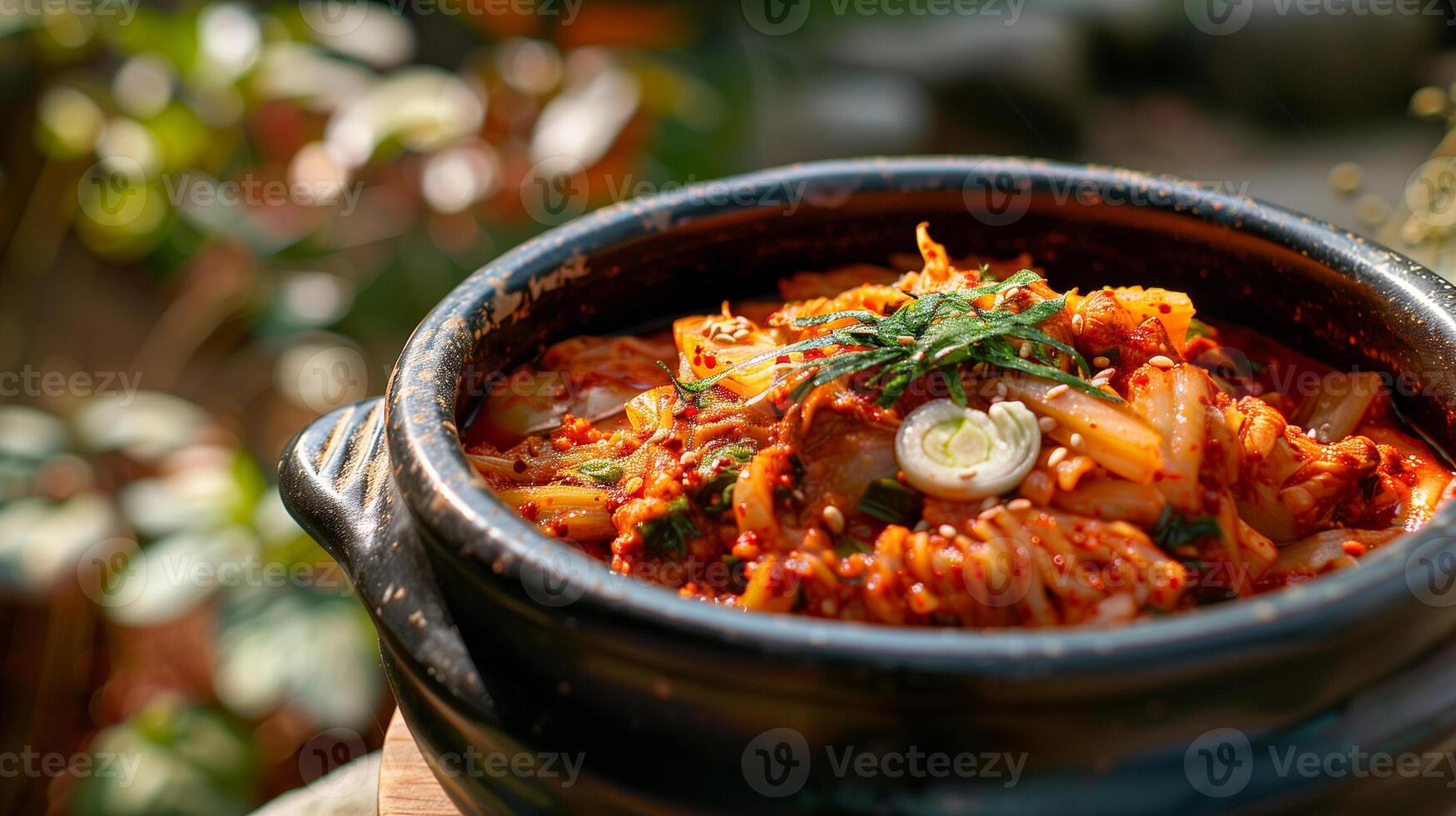 Traditional Korean onggi crock of spicy kimchi set outdoors in a garden, photography photo