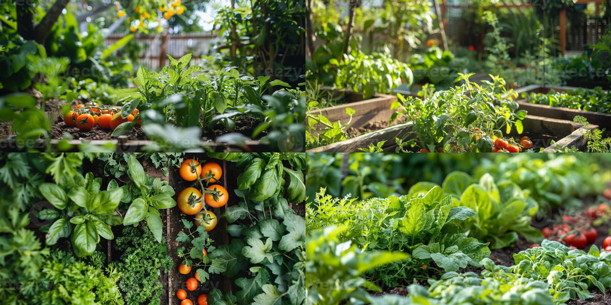 Tranquil backyard garden with vegetable patch including leafy greens, tomatoes, and peppers in different growth stages, photo