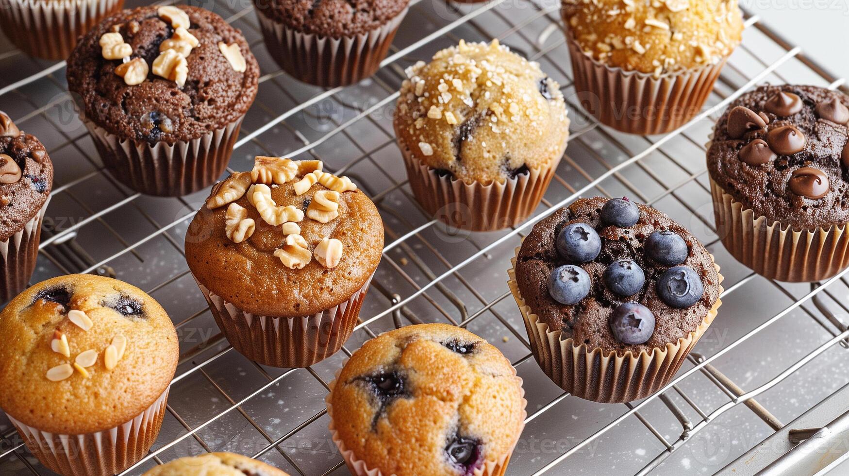 Tray of assorted sugar-free muffins including blueberry banana nut and chocolate chip cooling on a wire rack, photo